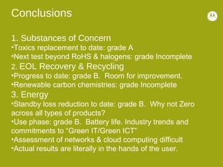Conclusions
1. Substances of Concern
•Toxics replacement to date: grade A
•Next test beyond RoHS & halogens: grade Incomplete
2. EOL Recovery & Recycling
•Progress to date: grade B. Room for improvement.
•Renewable carbon chemistries: grade Incomplete
3. Energy
•Standby loss reduction to date: grade B. Why not Zero
across all types of products?
•Use phase: grade B. Battery life. Industry trends and
commitments to “Green IT/Green ICT”
•Assessment of networks & cloud computing difficult
•Actual results are literally in the hands of the user.
 