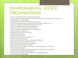 ENVIRONMENTAL JUSTICE
ORGANIZATIONS
Asian Pacific Environmental Network (Oakland)
Bayview Hunters Point Health and Environmental Resource Center (San Francisco)
Borneo Project, The (Berkeley)
Californians for Pesticide Reform (San Francisco)
Center for Agroecology & Sustainable Food Systems (Santa Cruz)
Center for Creative Land Recyling (San Francisco)
Center for Environmental Health (Oakland)
Center for Health, Environment and Justice
Communities for a Better Environment (Oakland)
CorpWatch (San Francisco)
Crissy Field Center (San Francisco)
DataCenter (Oakland)
Energy Justice Network
Environment and Human Health, Inc.
Environmental Health News
Environmental Justice Coalition for Water (Oakland)
Environmental Justice Resource Center
Environmental Law Foundation (Oakland)
Environmental Research Foundation
Filipino American Coalition for Environmental Solidarity (San Francisco)
Friends of Alemany Farm
Generating Renewable Ideas for Development Alternatives (Oakland)
Global Community Monitor (El Cerrito)
Global Justice Ecology Project (West Coast Desk) (Berkeley)
Greenaction (San Francisco)
 