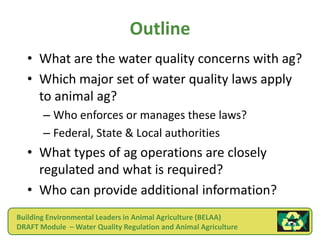 Outline
  • What are the water quality concerns with ag?
  • Which major set of water quality laws apply
    to animal ag?
       – Who enforces or manages these laws?
       – Federal, State & Local authorities
  • What types of ag operations are closely
    regulated and what is required?
  • Who can provide additional information?
Building Environmental Leaders in Animal Agriculture (BELAA)
DRAFT Module – Water Quality Regulation and Animal Agriculture
 
