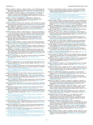 Environmental Research 200 (2021) 111340
8
Bakhsh, K., Ahmad, N., Tabasum, S., Hassan, S., Hassan, I., 2017. Health hazards and
adoption of personal protective equipment during cotton harvesting in Pakistan. Sci.
Total Environ. 598, 1058–1064. https://doi.org/10.1016/j.scitotenv.2017.04.043.
Baldi, I., Lebailly, P., Bouvier, G., Rondeau, V., Kientz-Bouchart, V., Canal-Raffin, M.,
Garrigou, A., 2014. Levels and determinants of pesticide exposure in re-entry
workers in vineyards: results of the PESTEXPO study. Environ. Res. 132, 360–369.
https://doi.org/10.1016/j.envres.2014.04.035.
Bapayeva, G., Issayeva, R., Zhumadilova, A., Nurkasimova, R., Kulbayeva, S.,
Tleuzhan, R., 2016. Organochlorine pesticides and female puberty in South
Kazakhstan. Reprod. Toxicol. 65, 67–75. https://doi.org/10.1016/j.
reprotox.2016.06.017.
Barraza, D., Jansen, K., de Joode, B.V.W., Wesseling, C., 2011. Pesticide use in banana
and plantain production and risk perception among local actors in Talamanca, Costa
Rica. Environ. Res. 111, 708–717. https://doi.org/10.1016/j.envres.2011.02.009.
Bondori, A., Bagheri, A., Allahyari, M.S., Damalas, C.A., 2019. Pesticide waste disposal
among farmers of Moghan region of Iran: current trends and determinants of
behavior. Environ. Monit. Assess. 191, 30. https://doi.org/10.1007/s10661-018-
7150-0.
Buralli, R.J., Ribeiro, H., Mauad, T., Amato-Lourenço, L.F., Salge, J.M., Diaz-Quijano, F.
A., Leão, R.S., Marques, R.C., Silva, D.S., Guimarães, J., 2018. Respiratory condition
of family farmers exposed to pesticides in the state of Rio de Janeiro, Brazil. Int. J.
Environ. Res. Publ. Health 15, 1203. https://doi.org/10.3390/ijerph15061203.
Chandio, A.A., Jiang, Y., Rehman, A., 2018. Credit margin of investment in the
agricultural sector and credit fungibility: the case of smallholders of district
Shikarpur, Sindh, Pakistan. Financial Innov. 4, 1–10. https://doi.org/10.1186/
s40854-018-0109-x.
Chandio, A.A., Jiang, Y., Rehman, A., Akram, W., 2021. Does Formal Credit Enhance
Sugarcane Productivity? A Farm-Level Study of Sindh, vol. 11. SAGE Open, Pakistan.
https://doi.org/10.1177/2158244020988533.
Charlier, C., Albert, A., Herman, P., Hamoir, E., Gaspard, U., Meurisse, M., Plomteux, G.,
2003. Breast cancer and serum organochlorine residues. Occup. Environ. Med. 60,
348–351. https://doi.org/10.1136/oem.60.5.348.
Chetty-Mhlanga, S., Fuhrimann, S., Basera, W., Eeftens, M., Röösli, M., Dalvie, M.Q.,
2021. Association of activities related to pesticide exposure on headache severity
and neurodevelopment of school-children in the rural agricultural farmlands of the
Western Cape of South Africa. Environ. Int. 146, 106237. https://doi.org/10.1016/j.
envint.2020.106237.
Damalas, C.A., Koutroubas, S.D., 2017. Farmers’ training on pesticide use is associated
with elevated safety behavior. Toxics 5, 19. https://doi.org/10.3390/
toxics5030019.
Damalas, C.A., 2009. Understanding benefits and risks of pesticide use. Sci. Res. Essays 4,
945–949.
Damalas, C.A., Eleftherohorinos, I.G., 2011. Pesticide exposure, safety issues, and risk
assessment indicators. Int. J. Environ. Res. Publ. Health 8, 1402–1419. https://doi.
org/10.3390/ijerph8051402.
Damalas, C.A., Georgiou, E.B., Theodorou, M.G., 2006. Pesticide use and safety practices
among Greek tobacco farmers: a survey. Int. J. Environ. Health Res. 16, 339–348.
https://doi.org/10.1080/09603120600869190.
Damalas, C.A., Hashemi, S.M., 2010. Pesticide risk perception and use of personal
protective equipment among young and old cotton growers in northern Greece.
Agrociencia 44, 363–371.
Damalas, C.A., Koutroubas, S.D., 2016. Farmers’ exposure to pesticides: toxicity types
and ways of prevention. Toxics 4, 1. https://doi.org/10.3390/toxics4010001.
Damalas, C.A., Koutroubas, S.D., Abdollahzadeh, G., 2019. Drivers of Personal Safety in
Agriculture: a case study with pesticide operators. Agriculture 9, 34. https://doi.org/
10.3390/agriculture9020034.
Damalas, C.A., Telidis, G.K., Thanos, S.D., 2008. Assessing farmers’ practices on disposal
of pesticide waste after use. Sci. Total Environ. 390, 341–345. https://doi.org/
10.1016/j.scitotenv.2007.10.028.
DAWN, 2007. Pesticides, health and environment (online accessed April 26, 2020)online
available at: https://www.dawn.com/news/239206/pesticides-health-and-environ
ment.
DAWN, 2018. Environmental impact of pesticide overuse (Online accessed April 14,
2020)online available at: https://www.dawn.com/news/1406013.
de Almeida, F.G., Guimarães, L.S.F., Fonseca, A.d., de Oliveira, P.R., da Silva Mendes, S.,
2021. Influence of pesticides in reproductive aspects of Tropidurus torquatus in Minas
Gerais, Brazil. Environ. Sci. Pollut. Res. 1–7 https://doi.org/10.1007/s11356-021-
12712-4.
Devi, I.P., 2007. Pesticide Use in the Rice Bowl of Kerala: Health Costs and Policy
Options. SANDEE Working Paper 21.
Dickie, M., 2017. Averting behavior methods. In: Champ, P., Boyle, K., Brown, T. (Eds.),
A Primer on Nonmarket Valuation. The Economics of Non-market Goods and
Resources, vol. 13. Springer, Dordrecht.
Diomedi, Z.E., Nauges, C., 2015. Pesticide-handling practices: the case of coffee growers
in Papua New Guinea. Aust. J. Agric. Resour. Econ. 60, 112–129. https://doi.org/
10.1111/1467-8489.12106.
Dosman, D.M., Adamowicz, W.L., Hrudey, S.E., 2001. Socioeconomic determinants of
health- and food safety- related risk perceptions. Risk Anal. 21, 307–318. https://
doi.org/10.1111/0272-4332.212113.
Ecobichon, D.J., 2001. Pesticide use in developing countries. Toxicology 160, 27–33.
https://doi.org/10.1016/S0300-483X(00)00452-2.
FAO and WHO, 2008. International Code of Conduct on the Distribution and Use of
Pesticides: Guidelines for the Registration of Pesticides. World Health Organization
(No. WHO/HTM/NTD/WHOPES/2010.7).
Gaber, S., Abdel-Latif, S.H., 2012. Effect of education and health locus of control on safe
use of pesticides: a cross sectional random study. J. Occup. Med. Toxicol. 7, 1–7.
Gesesew, H.A., Woldemichael, K., Massa, D., Mwanri, L., 2016. Farmers knowledge,
attitudes, practices and health problems associated with pesticide use in rural
Irrigation villages, Southwest Ethiopia. PloS One 11, e0162527. https://doi.org/
10.1371/journal.pone.0162527.
GoP, 2017. Agricultural Statistics of Pakistan, 2018-19. Ministry of Food and Agriculture,
Finance Division, Economic Advisor’s Wing, Islamabad, Pakistan.
GoP, 2018. The Urban Gazette of Pakistan, 6th
Population and Housing Census 2017: A
Comprehensive Summary of Results. The Urban Unit, Punjab, Government of
Punjab, Lahore, Pakistan.
Gunnell, D., Knipe, D., Chang, S.S., Pearson, M., Konradsen, F., Lee, W.J., Eddleston, M.,
2017. Prevention of suicide with regulations aimed at restricting access to highly
hazardous pesticides: a systematic review of the international evidence. Lancet Glob.
Health. https://doi.org/10.1016/S2214-109X(17)30299-1. E1026-E1037.
Hurtig, A.K., San Sebastian, M., Soto, A., Shingre, A., Zambrano, D., Guerrero, W., 2003.
Pesticide use among farmers in the Amazon basin of Ecuador. Arch. Environ. Occup.
Health 58, 223–228. https://doi.org/10.3200/AEOH.58.4.223-228.
Hussain, A., Thapa, G.B., 2012. Smallholders’ access to agricultural credit in Pakistan.
Food Secur. 4, 73–85. https://doi.org/10.1108/IJSE-12-2016-0347.
Jepson, P.C., Murray, K., Bach, O., Bonilla, M.A., Neumeister, L., 2020. Selection of
pesticides to reduce human and environmental health risks: a global guideline and
minimum pesticides list. Lancet Planet Health 4, 56–63. https://doi.org/10.1016/
S2542-5196(19)30266-9.
Khan, M., Damalas, C.A., 2015a. Factors preventing the adoption of alternatives to
chemical pest control among Pakistani cotton farmers. Int. J. Pest Manag. 61, 9–16.
https://doi.org/10.1080/09670874.2014.984257.
Khan, M., Damalas, C.A., 2015b. Farmers’ willingness to pay for less health risks by
pesticide use: a case study from the cotton belt of Punjab, Pakistan. Sci. Total
Environ. 530–531, 297–303. https://doi.org/10.1016/j.scitotenv.2015.05.110.
Khan, M., Damalas, C.A., 2015c. Occupational exposure to pesticides and resultant
health problems among cotton farmers of Punjab, Pakistan. Int. J. Environ. Health
Res. 25, 508–521. https://doi.org/10.1080/09603123.2014.980781.
Khan, M., Mahmood, H.Z., Damalas, C.A., 2015. Pesticide use and risk perceptions
among farmers in the cotton belt of Punjab, Pakistan. Crop Protect. 67, 184–190.
https://doi.org/10.1016/j.cropro.2014.10.013.
Landrigan, P.J., 2016. Air pollution and health. Lance. Pub. Health 2, 4–5. https://doi.
org/10.1016/S2468-2667(16)30023-8.
Lekei, E.E., Ngowi, A.V., London, L., 2014. Farmers’ knowledge, practices and injuries
associated with pesticide exposure in rural farming villages in Tanzania. BMC Publ.
Health 14, 389. https://doi.org/10.1186/1471-2458-14-389.
MacFarlane, E., Carey, R., Keegel, T., El-Zaemay, S., Fritschi, L., 2013. Dermal exposure
associated with occupational end use of pesticides and the role of protective
measures. Saf. Health Work. 4, 136–141. https://doi.org/10.1016/j.
shaw.2013.07.004.
Macharia, I., Mithöfer, D., Waibel, H., 2013. Pesticide handling practices by vegetable
farmer in Kenya. Environ. Dev. Sustain. 15, 887–902. https://doi.org/10.1007/
s10668-012-9417-x.
Marsala, R.Z., Capri, E., Russo, E., Bisagni, M., Colla, R., Lucini, L., Gallo, A., Suciu, N.A.,
2020. First evaluation of pesticides occurrence in groundwater of Tidone Valley, an
area with intensive viticulture. Sci. Total Environ. 736, 139730. https://doi.org/
10.1016/j.scitotenv.2020.139730.
Matthews, G.A., 2008. Attitudes and behaviours regarding use of crop protection
products-A survey of more than 8500 smallholders in 26 countries. Crop Protect. 27,
834–846. https://doi.org/10.1016/j.cropro.2007.10.013.
Mehmood, Y., Arshad, M., Kaechele, H., Mahmood, N., Kong, R., 2020. Pesticide
residues, health risks, and vegetable farmers’ risk perceptions in Punjab, Pakistan.
Hum. Ecol. Risk Assess. 26, 1–20. https://doi.org/10.1080/
10807039.2020.1776591.
Memon, Q.U.A., Wagan, S.A., Chunyu, D., Shuangxi, X., Jingdong, L., Damalas, C.A.,
2019. Health problems from pesticide exposure and personal protective measures
among women cotton workers in southern Pakistan. Sci. Total Environ. 685,
659–666. https://doi.org/10.1016/j.scitotenv.2019.05.173.
Mequanint, C., Getachew, B., Mindaye, Y., Amare, D.E., Guadu, T., Dagne, H., 2019.
Practice towards pesticide handling, storage and its associated factors among
farmers working in irrigations in Gondar town, Ethiopia. BMC Res. Notes 12, 1–6.
https://doi.org/10.1186/s13104-019-4754-6.
Moahid, M., Maharjan, K.L., 2020. Factors affecting farmers’ access to formal and
informal credit: evidence from rural Afghanistan. Sustainability 12, 1268. https://
doi.org/10.3390/su12031268.
Muñoz-Quezada, M.T., Lucero, B., Iglesias, V., Levy, K., Muñoz, M.P., Achú, E.,
Cornejo, C., Concha, C., Brito, A.M., Villalobos, M., 2017. Exposure to
organophosphate (OP) pesticides and health conditions in agricultural and non-
agricultural workers from Maule, Chile. Int. J. Environ. Health Res. 27, 82–93.
https://doi.org/10.1080/09603123.2016.1268679.
Ndayambaje, B., Amuguni, H., Coffin-Schmitt, J., Sibo, N., Ntawubizi, M.,
VanWormer, E., 2019. Pesticide application practices and knowledge among small-
scale local rice growers and communities in Rwanda: a cross-sectional study. Int. J.
Environ. Res. Publ. Health 16, 4770. https://doi.org/10.3390/ijerph16234770.
Ngowi, A.V.F., Mbise, T.J., Ijani, A.S.M., London, L., Ajayi, O.C., 2007. Smallholder
vegetable farmers in Northern Tanzania: pesticides use practices, perceptions, cost
and health effects. Crop Protect. 26, 1617–1624. https://doi.org/10.1016/j.
cropro.2007.01.008.
Nishtar, S., Boerma, T., Amjad, S., Alam, A.Y., Khalid, F., ul Haq, I., Mirza, Y.A., 2013.
Pakistan’s health system: performance and prospects after the 18th Constitutional
Amendment. Lancet 381, 2193–2206. https://doi.org/10.1016/S0140-6736(13)
60019-7.
Y. Mehmood et al.
 