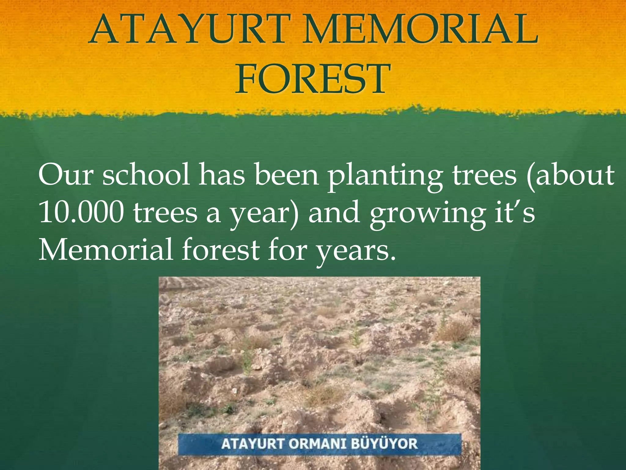 ATAYURT MEMORIAL 
FOREST 
Our school has been planting trees (about 
10.000 trees a year) and growing it’s 
Memorial forest for years. 
 
