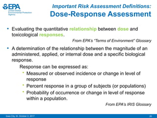 20
Iowa City, IA October 2, 2017
Important Risk Assessment Definitions:
Dose-Response Assessment
• Evaluating the quantitative relationship between dose and
toxicological responses.
From EPA’s “Terms of Environment” Glossary
• A determination of the relationship between the magnitude of an
administered, applied, or internal dose and a specific biological
response.
Response can be expressed as:
• Measured or observed incidence or change in level of
response
• Percent response in a group of subjects (or populations)
• Probability of occurrence or change in level of response
within a population.
From EPA’s IRIS Glossary
 