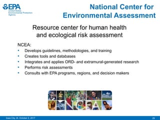 29
Iowa City, IA October 2, 2017
National Center for
Environmental Assessment
Resource center for human health
and ecological risk assessment
NCEA:
• Develops guidelines, methodologies, and training
• Creates tools and databases
• Integrates and applies ORD- and extramural-generated research
• Performs risk assessments
• Consults with EPA programs, regions, and decision makers
 