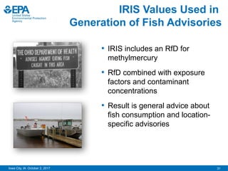 31
Iowa City, IA October 2, 2017
IRIS Values Used in
Generation of Fish Advisories
• IRIS includes an RfD for
methylmercury
• RfD combined with exposure
factors and contaminant
concentrations
• Result is general advice about
fish consumption and location-
specific advisories
 