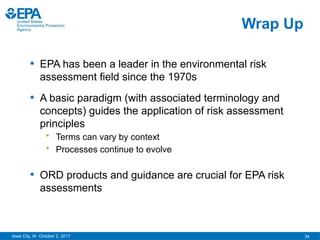 34
Iowa City, IA October 2, 2017
• EPA has been a leader in the environmental risk
assessment field since the 1970s
• A basic paradigm (with associated terminology and
concepts) guides the application of risk assessment
principles
 Terms can vary by context
 Processes continue to evolve
• ORD products and guidance are crucial for EPA risk
assessments
Wrap Up
 