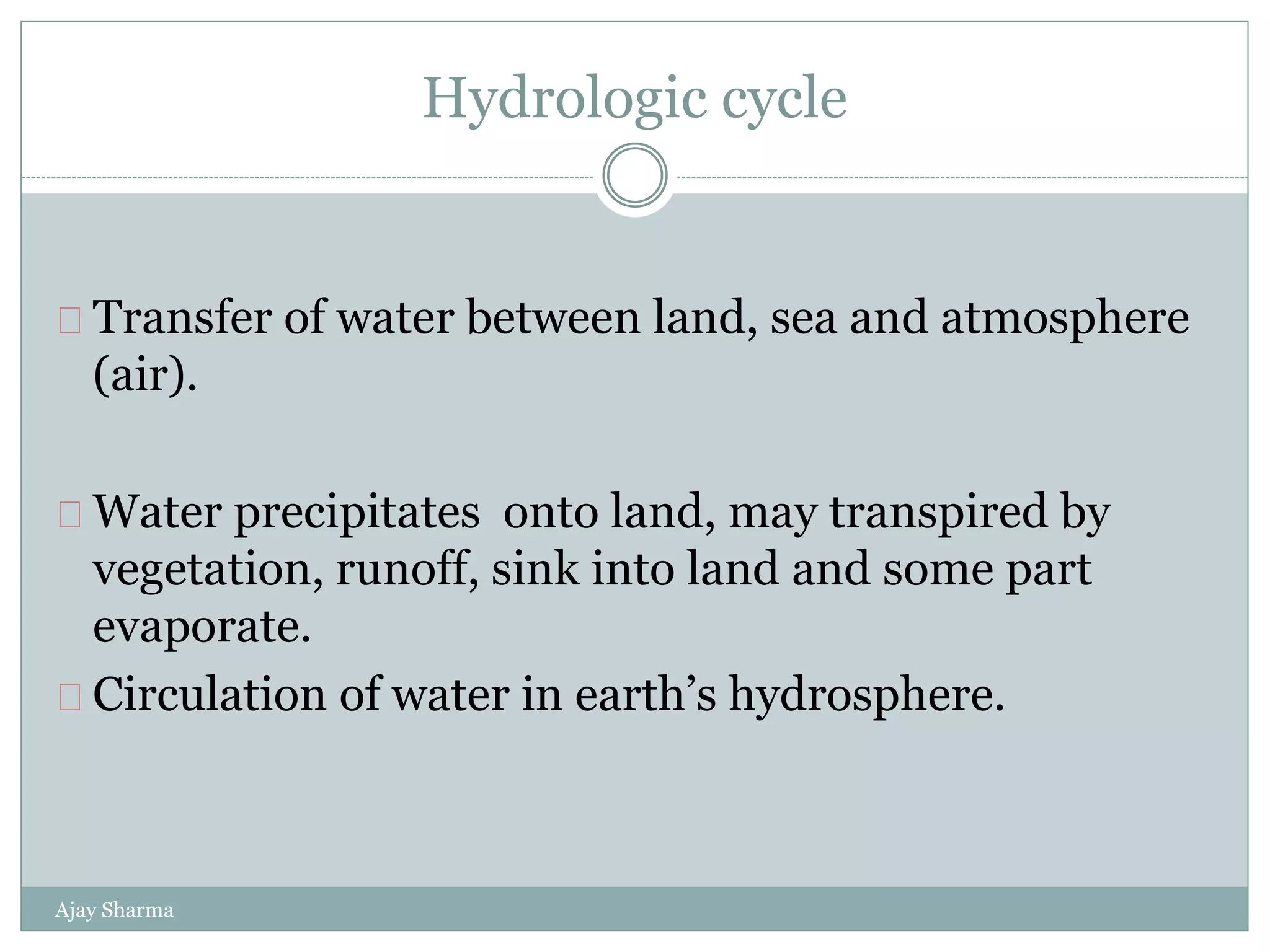 Hydrologic cycle
Ajay Sharma
Transfer of water between land, sea and atmosphere
(air).
Water precipitates onto land, may transpired by
vegetation, runoff, sink into land and some part
evaporate.
Circulation of water in earth’s hydrosphere.
 
