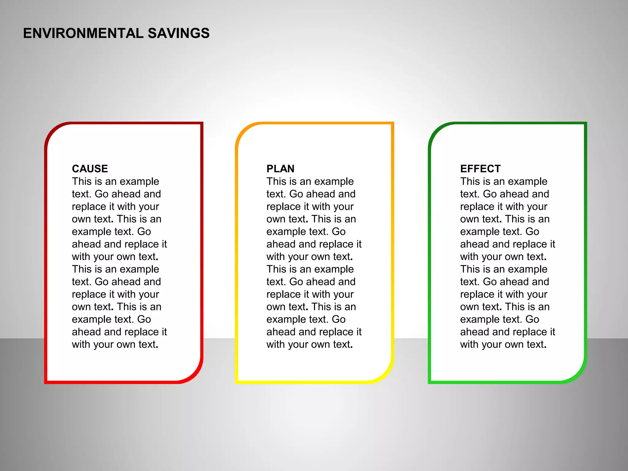 ENVIRONMENTAL SAVINGS
CAUSE
This is an example
text. Go ahead and
replace it with your
own text. This is an
example text. Go
ahead and replace it
with your own text.
This is an example
text. Go ahead and
replace it with your
own text. This is an
example text. Go
ahead and replace it
with your own text.
PLAN
This is an example
text. Go ahead and
replace it with your
own text. This is an
example text. Go
ahead and replace it
with your own text.
This is an example
text. Go ahead and
replace it with your
own text. This is an
example text. Go
ahead and replace it
with your own text.
EFFECT
This is an example
text. Go ahead and
replace it with your
own text. This is an
example text. Go
ahead and replace it
with your own text.
This is an example
text. Go ahead and
replace it with your
own text. This is an
example text. Go
ahead and replace it
with your own text.
 