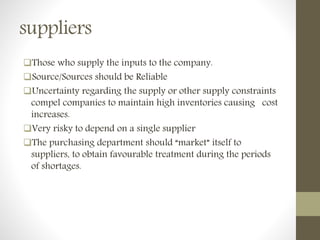 suppliers
Those who supply the inputs to the company.
Source/Sources should be Reliable
Uncertainty regarding the supply or other supply constraints
compel companies to maintain high inventories causing cost
increases.
Very risky to depend on a single supplier
The purchasing department should “market” itself to
suppliers, to obtain favourable treatment during the periods
of shortages.
 