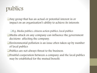 publics
Any group that has an actual or potential interest in or
impact on an organization’s ability to achieve its interests
E.g. Media publics, citizens action publics, local publics
Media attack on any company can influence the government
decisions affecting the company.
Environmental pollution is an issue often taken up by number
of local publics
Publics are not always threat to the business.
Fruitful cooperation between a company and the local publics
may be established for the mutual benefit.
 