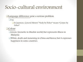 Socio-cultural environment
Language difference pose a serious problem.
e.g.
In Japanese, General Motors’ “body by Fisher” means “Corpse by
fisher”
Colour
Green: favourite in Muslim world; but represents illness in
Malaysia
White: death and mourning in China and Korea; but it expresses
happiness in some countries.
 