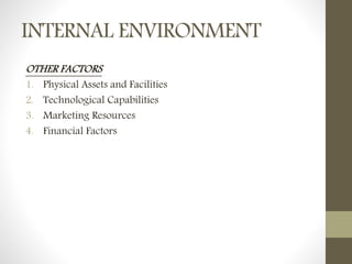 INTERNAL ENVIRONMENT
OTHER FACTORS
1. Physical Assets and Facilities
2. Technological Capabilities
3. Marketing Resources
4. Financial Factors
 