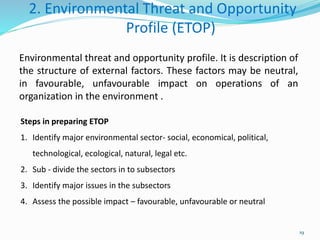 2. Environmental Threat and Opportunity
Profile (ETOP)
19
Environmental threat and opportunity profile. It is description of
the structure of external factors. These factors may be neutral,
in favourable, unfavourable impact on operations of an
organization in the environment .
Steps in preparing ETOP
1. Identify major environmental sector- social, economical, political,
technological, ecological, natural, legal etc.
2. Sub - divide the sectors in to subsectors
3. Identify major issues in the subsectors
4. Assess the possible impact – favourable, unfavourable or neutral
 