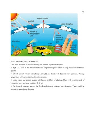 105
EFFECTS OF GLOBAL WARMING:
1.sea level increases as result of melting and thermal expansion of ocean.
2. High CO2 level in the atmosphere have a long term negative effect on crop production and forest
growth.
3. Global rainfall pattern will change .Drought and floods will become more common. Raising
temperature will increase domestic water demand.
4. Many plants and animal species will have a problem of adapting. Many will be at the risk of
extinction, more towering verities will thrive.
5. As the earth becomes warmer the floods and drought becomes more frequent. There would be
increase in water-borne diseases.
 