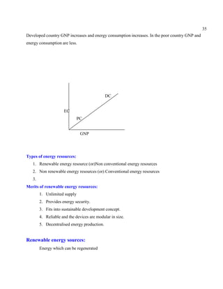 35
Developed country GNP increases and energy consumption increases. In the poor country GNP and
energy consumption are less.
DC
EC
PC
GNP
Types of energy resources:
1. Renewable energy resource (or)Non conventional energy resources
2. Non renewable energy resources (or) Conventional energy resources
3.
Merits of renewable energy resources:
1. Unlimited supply
2. Provides energy security.
3. Fits into sustainable development concept.
4. Reliable and the devices are modular in size.
5. Decentralised energy production.
Renewable energy sources:
Energy which can be regenerated
 
