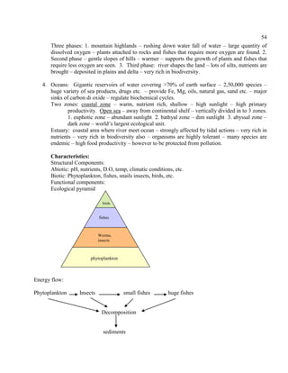 54
Three phases: 1. mountain highlands – rushing down water fall of water – large quantity of
dissolved oxygen – plants attached to rocks and fishes that require more oxygen are found. 2.
Second phase – gentle slopes of hills – warmer – supports the growth of plants and fishes that
require less oxygen are seen. 3. Third phase: river shapes the land – lots of silts, nutrients are
brought – deposited in plains and delta – very rich in biodiversity.
4. Oceans: Gigantic reservoirs of water covering >70% of earth surface – 2,50,000 species –
huge variety of sea products, drugs etc. – provide Fe, Mg, oils, natural gas, sand etc. – major
sinks of carbon di oxide – regulate biochemical cycles.
Two zones: coastal zone – warm, nutrient rich, shallow – high sunlight – high primary
productivity. Open sea – away from continental shelf – vertically divided in to 3 zones.
1. euphotic zone – abundant sunlight 2. bathyal zone – dim sunlight 3. abyssal zone –
dark zone – world’s largest ecological unit.
Estuary: coastal area where river meet ocean – strongly affected by tidal actions – very rich in
nutrients – very rich in biodiversity also – organisms are highly tolerant – many species are
endemic – high food productivity – however to be protected from pollution.
Characteristics:
Structural Components:
Abiotic: pH, nutrients, D.O, temp, climatic conditions, etc.
Biotic: Phytoplankton, fishes, snails insects, birds, etc.
Functional components:
Ecological pyramid
Energy flow:
Phytoplankton Insects small fishes huge fishes
Decomposition
sediments
phytoplankton
Worms,
insects
fishes
birds
 