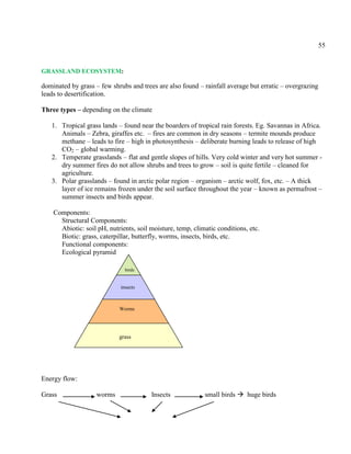 55
GRASSLAND ECOSYSTEM:
dominated by grass – few shrubs and trees are also found – rainfall average but erratic – overgrazing
leads to desertification.
Three types – depending on the climate
1. Tropical grass lands – found near the boarders of tropical rain forests. Eg. Savannas in Africa.
Animals – Zebra, giraffes etc. – fires are common in dry seasons – termite mounds produce
methane – leads to fire – high in photosynthesis – deliberate burning leads to release of high
CO2 – global warming.
2. Temperate grasslands – flat and gentle slopes of hills. Very cold winter and very hot summer -
dry summer fires do not allow shrubs and trees to grow – soil is quite fertile – cleaned for
agriculture.
3. Polar grasslands – found in arctic polar region – organism – arctic wolf, fox, etc. – A thick
layer of ice remains frozen under the soil surface throughout the year – known as permafrost –
summer insects and birds appear.
Components:
Structural Components:
Abiotic: soil pH, nutrients, soil moisture, temp, climatic conditions, etc.
Biotic: grass, caterpillar, butterfly, worms, insects, birds, etc.
Functional components:
Ecological pyramid
Energy flow:
Grass worms Insects small birds  huge birds
grass
Worms
insects
birds
 