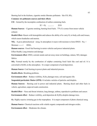 63
Burning fuel in the kitchens, cigarette smoke liberates pollutants like CO, SO2.
Common Air pollutants sources and their effects
CO – formed by the incomplete combustion of carbon containing fuels.
2C + O2 ------------> 2CO
Human Sources – Cigarette smoking, burning fossil fuels. 77% Co comes from motor vehicle
exhaust.
Health Effect- Reacts with hemoglobin and reduces the ability of to carry O2 to body cells and tissues,
which causes headaches and anemia.
NO2 – It gives photochemical smog. In atmosphere it reacts with moisture to form HNO3. No2 +
Moisture ------> HNO3
Human sources: Fossil fuel burning in motor vehicles and power industrial plants.
Effect Health, Lung irritation and damage
Environment effect: HNO3 corrode metals and eat away stone on buildings, statues, NO2 damages
fabrics.
SO2- Formed mostly by the combustion of sulphur containing fossil fuels like coal and oil. It is
converted to H2SO4 in the atmosphere. It is major component of acid deposition.
Human Source- Coal burning in power plants and industrial process.
Health effects- Breathing problems.
Environment effect – Reduce visibility, H2So4 damages trees, soil and aquatic life.
Suspended particulate Matter (SPM) -It includes varieties of particles and droplets.
Human Sources – Burning coal in power and industrial plants. Burning diesel and other fuels in
vehicle, agriculture, unpaved roads construction.
Health Effect – Nose and throat irritation, lung damage, asthma, reproductive problems and cancer.
Environment effect – Reduce visibility, acid deposition & H2SO4 droplets damage trees.
O3- Highly reactive irritating gas in the troposphere. It is major component of photo chemical smog.
Human Source- Chemical reactions with volatile organic compounds and nitrogen oxides.
Environment effect – Moderates the climate.
 