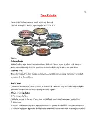 70
Noise Pollution
It may be defined as unwanted sound which gets dumped
In to the atmosphere without regarding to it’ adverse effects.
Causes:
Industrial noise
Most affonding noise sources are compressors, generators power looms, grinding mills, furnaces.
These are used in many industrial processes and installed partially in closed and open sheds.
Domestic noise
Transistors radio, TV, other musical instruments, Air conditioners, washing machines. They affect
users as well as the neighbors.
Traffic noise
Continuous movement of vehicles causes traffic noise. It affects not only those who are moving but
also those who live near the roads, railwaylinks, and airports
Effects of noise pollution
1. Physiological effects
Headache increase in the rate of heart beat, pain in heart, emotional disturbances, hearing loss.
2. Annoyance
A noise is said be annoying if the exposed individual or groups of individuals reduce the noise avoid
or leave the noisy area if possible. Both loudness and annoyance increase with increasing sound levels.
 
