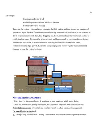 95
Advantages:
Rise in ground water level.
Minimising the soil erosion and flood Hazards.
Scarcity of water is reduced
Rainwater harvesting systems channel rainwater that falls on to a roof into storage via a system of
gutters and pipes. The first flush of rainwater after a dry season should be allowed to run to waste as
it will be contaminated with dust, bird droppings etc. Roof gutters should have sufficient incline to
avoid standing water. They must be strong enough, and large enough to carry peak flows. Storage
tanks should be covered to prevent mosquito breeding and to reduce evaporation losses,
contamination and algal growth. Rainwater harvesting systems require regular maintenance and
cleaning to keep the system hygienic.
WATERSHED MANAGEMENT
Water shed ( or ) drainage basin: It is defined as land area from which water drains
Under the influence of gravity into stream, lake, reservoir (or) other body of surface water.
Watershed management of rain fall and resultant run off is called watershed management.
Factors affecting watershed :
1. Overgrazing . deforestation , mining , construction activities affect and degrade watershed.
 