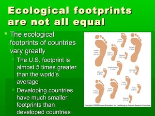 Ecological footprintsEcological footprints
are not all equalare not all equal
 The ecologicalThe ecological
footprints of countriesfootprints of countries
vary greatlyvary greatly
 The U.S. footprint isThe U.S. footprint is
almost 5 times greateralmost 5 times greater
than the world’sthan the world’s
averageaverage
 Developing countriesDeveloping countries
have much smallerhave much smaller
footprints thanfootprints than
developed countriesdeveloped countries
 