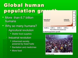 Global humanGlobal human
population growthpopulation growth
 More than 6.7 billionMore than 6.7 billion
humanshumans
 Why so many humans?Why so many humans?
 Agricultural revolutionAgricultural revolution
 Stable food suppliesStable food supplies
 Industrial revolutionIndustrial revolution
 Urbanized societyUrbanized society
powered by fossil fuelspowered by fossil fuels
 Sanitation and medicinesSanitation and medicines
 More foodMore food
 