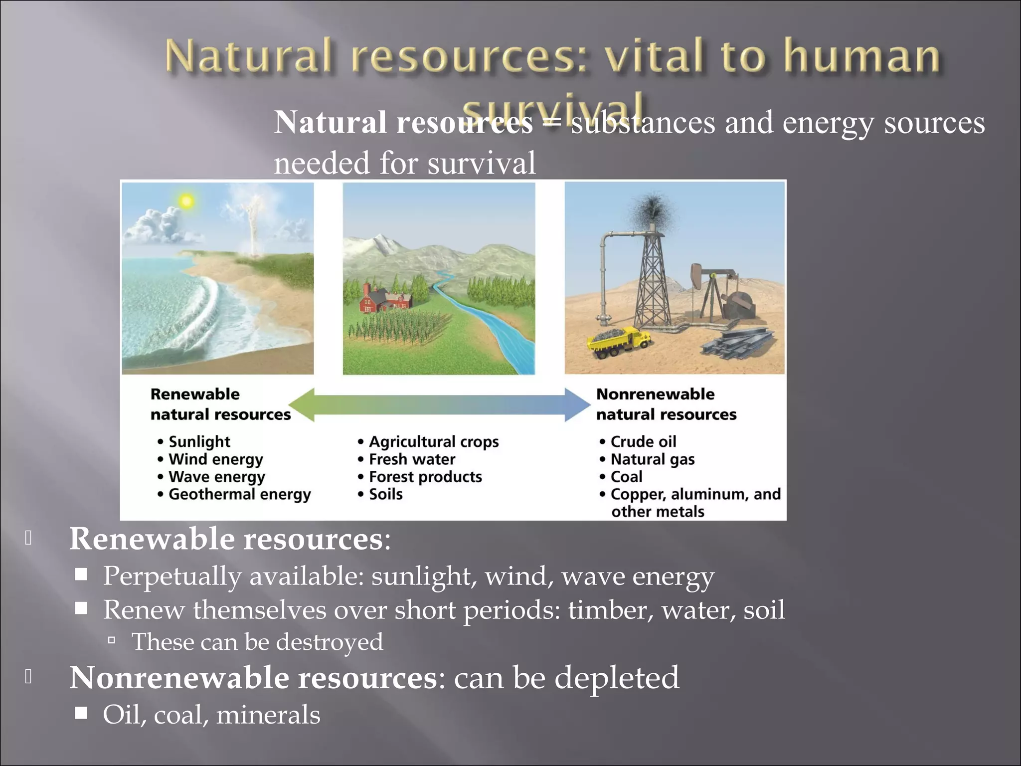  Renewable resources:
 Perpetually available: sunlight, wind, wave energy
 Renew themselves over short periods: timber, water, soil
 These can be destroyed
 Nonrenewable resources: can be depleted
 Oil, coal, minerals
Natural resources = substances and energy sources
needed for survival
 