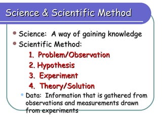 Science & Scientific Method

  Science:  A way of gaining knowledge
  Scientific Method:

      1. Problem/Observation
      2. Hypothesis
      3. Experiment
      4. Theory/Solution
    Data:Information that is gathered from
    observations and measurements drawn
    from experiments
 