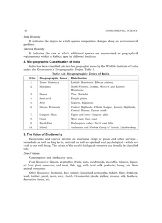 140 ENVIRONMENTAL SCIENCE 
Beta Diversity 
It indicates the degree to which species composition changes along an environmental 
gradient. 
Gamma Diversity 
It indicates the rate at which additional species are encountered as geographical 
replacements within a habitat type in different localities. 
2. Rio-geographic Classification of India 
India has been classified into ten bio geographic zones by the Wildlife Institute of India 
under the Government’s Bio-geographic Project Table 3. 
Table 4.3: Bio-geographic Zones of India 
S.No. Bio-geographic Zones Distribution 
1. Trans- Himalaya Ladakh Mountains, Tibetan plateau. 
2. Himalaya North-Western, Central, Western and Eastern 
Himalayas 
3. Desert Thar, Kachchh 
4. Semi-arid Punjab plains 
5. Arid Gujarat, Rajputana 
6. Deccan Peninsula Central Highlands, Chhota Nagpur, Eastern Highlands, 
Central Plateau, Deccan south 
7. Gangetic Plain Upper and lower Gangetic plain 
8. Coast West coast, East coast 
9. North-East Brahmputra valley, North east hills 
10. Island Andamans and Nicobar Group of Islands, Lakshwadeep 
3. The Value of Biodiversity 
Ecosystems and species provide an enormous range of goods and other services - 
immediate as well as long term, material as well as spiritual and psychological - which are 
vital to our well being. The values of the earth’s biological resources can broadly be classified 
into- 
Direct Values 
Consumptive and productive uses. 
Food Resources: Grains, vegetables, fruits, nuts, condiments, tea-coffee, tobacco, liquor, 
oil from plant resources; and meat, fish, egg, milk (and milk products), honey, etc. from 
animal resources. 
Other Resources: Medicine, fuel, timber, household accessories, fodder, fiber, fertilizer, 
wool, leather, paint, resin, wax, thatch. Ornamental plants, rubber, creams, silk, feathers, 
decorative items, etc. 
 