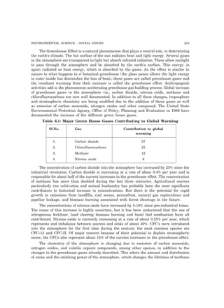 ENVIRONMENTAL SCIENCE : SOCIAL ISSUES 203 
The Greenhouse Effect is a natural phenomenon that plays a central role, in determining 
the earth’s climate. The hot surface of the sun radiates heat and light energy. Several gases 
in the atmosphere are transparent to light but absorb infrared radiation. These allow sunlight 
to pass through the atmosphere and be absorbed by the earth’s surface. This energy ,is 
again radiated as heat energy, which is absorbed by the gases. As the effect is similar in 
nature to what happens in a’ botanical greenhouse (the glass panes allows the light energy 
to enter inside but diminishes the loss of heat), these gases are called greenhouse gases and 
the resultant warming from their increase is called the greenhouse effect. Anthropogenic 
activities add to the phenomenon accelerating greenhouse gas building process. Global increase 
of greenhouse gases in the atmosphere viz., carbon dioxide, nitrous oxide, methane and 
chlorofluorocarbons are now well documented. In addition to all these changes, troposphere 
and stratospheric chemistry are being modified due to the addition of these gases as well 
as emission of carbon monoxide, nitrogen oxides and other compound. The United State 
Environmental Protection Agency, Office of Policy, Planning and Evaluation in 1989 have 
documented the increase of the different green house gases. 
Table 6.1: Major Green House Gases Contributing to Global Warming 
Sl.No. Gas Contribution to global 
warming 
1. Carbon dioxide 57 
2. Chlorofluorocarbons 25 
3. Methane 12 
4. Nitrous oxide 6 
The concentration of carbon dioxide into the atmosphere has increased by 25% since the 
industrial revolution. Carbon dioxide is increasing at a rate of about 0.4% per year and is 
responsible for about half of the current increases in the greenhouse effect. The concentration 
of methane has more than doubled during the last three centuries. Agricultural sources 
particularly rice cultivation and animal husbandry has probably been the most significant 
contributors to historical increase in concentrations. But there is the potential for rapid 
growth in emissions from landfills, coal seems, permafrost, natural gas explorations and 
pipeline leakage, and biomass burning associated with forest clearings in the future. 
The concentrations of nitrous oxide have increased by 5-10% since pre-industrial times. 
The cause of this increase is highly uncertain, but it has been understood that the use of 
nitrogenous fertilizer, land clearing biomass burning and fossil fuel combustion have all 
contributed. Nitrous oxide is currently increasing at a rate of about 0.25% per year, which 
represents and imbalance between sources and sinks of about 30%. CFC’s were introduced 
into the atmosphere for the first time during the century; the most common species are 
CFC-12 and CFC-II. Of major concern because of their potential to deplete stratospheric 
ozone, the CFCs also represent about 15% of the current increases in the greenhouse effect. 
The chemistry of the atmosphere is changing due to emission of carbon monoxide, 
nitrogen oxides, and volatile organic compounds, among other species, in addition to the 
changes in the greenhouse gases already described. This alters the amount and distribution 
of ozone and the oxidizing power of the atmosphere. which changes the lifetimes of methane 
 
