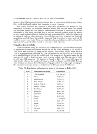 ENVIRONMENTAL SCIENCE : HUMAN POPULATION AND ENVIRONMENT 229 
herbivore level. If people in the developed world were to reduce their animal protein intake, 
they would significantly reduce their demands on world resources. 
The current situation with respect to world food production and hunger is very 
complicated. It involves the resources needed to produce food, such as arable land, labour 
and machines, appropriate crop selection, and economic incentives. It also involves the mal-distribution 
of food within countries. This is often an economic problem, since the poorest 
in most countries have difficulty finding the basic necessities of life, while the richer have 
an excess of food and other resources. Improved plant varieties, irrigation and improved 
agricultural methods have dramatically increased food production in some parts of the 
world. In recent years, India, China and much of southern Asia have moved from being food 
importers to being self-sufficient, and in some cases food exporters. 
Population trends in India 
India accounts for nearly. 1.5 per cent of the world population. Population has undergone 
an approximately three-fold increase during the last 80 years. According to the census of 
1901, there were 235,396,327 people in this country. The number slightly came down in 
1921 as a result of some epidemics. In ‘1951, the population was 361,008,0,90, which went 
up to 439,234,771 and 548,159,652 in 1961 and 1971, respectively. The main reason for the 
rapid growth is fall in death rate as a result of better medical care. The sex ratio in India’ 
in 1981 was 1071 males per 1000 females. In Punjab in 1981, there were 1138 males per 
1000 females whereas the number of males to females in Kerala was 969: 1000. The age 
ratio of Indian population shows that there is high proportion of young people belonging to 
the pre-reproductive age group i.e. 42.2 per cent in the age group of 0-14 years. 
Table 7.4: Population estimates for some of the states in India (1991) 
S.No. State/Union territory Population 
1. Uttar Pradesh 1,38,760,417 
2. Bihar 86,338,853 
3. Maharashtra 78,706,719 
4. West Bengal 67,982,732 
5. Andhra Pradesh 66,304,854 
6. Madhya Pradesh 66,135,862 
7. Tamil Nadu 55,638,318 
8. Karnataka 44,817,398 
9. Rajasthan 43,880,640 
10. Gujarat 41,174,060 
11. Orissa 31 ,512,070 
12. Kerala 29,011,237 
13. Assam 22,294,562 
14. Punjab 20,190,795 
15. Haryana 16,317,715 
16. Delhi 9,370,475 
 