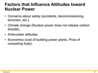 © McGraw Hill 33
Factors that Influence Attitudes toward
Nuclear Power
• Concerns about safety (accidents, decommissioning,
terrorism, etc.).
• Climate change (Nuclear power does not release carbon
dioxide).
• Antinuclear attitudes.
• Economics (cost of building power plants, Price of
competing fuels).
 