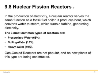 © McGraw Hill 44
9.8 Nuclear Fission Reactors 3
In the production of electricity, a nuclear reactor serves the
same function as a fossil-fuel boiler: it produces heat, which
converts water to steam, which turns a turbine, generating
electricity.
The 3 most common types of reactors are:
• Pressurized-Water (68%).
• Boiling-Water (15%).
• Heavy-Water (10%).
Gas-Cooled Reactors are not popular, and no new plants of
this type are being constructed.
 