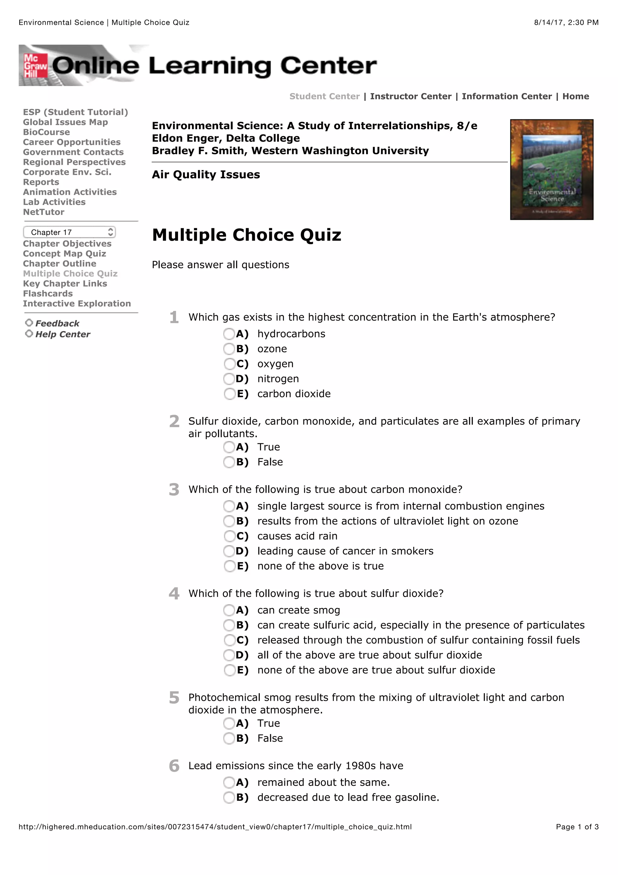 Environmental science | multiple choice quiz | PDF