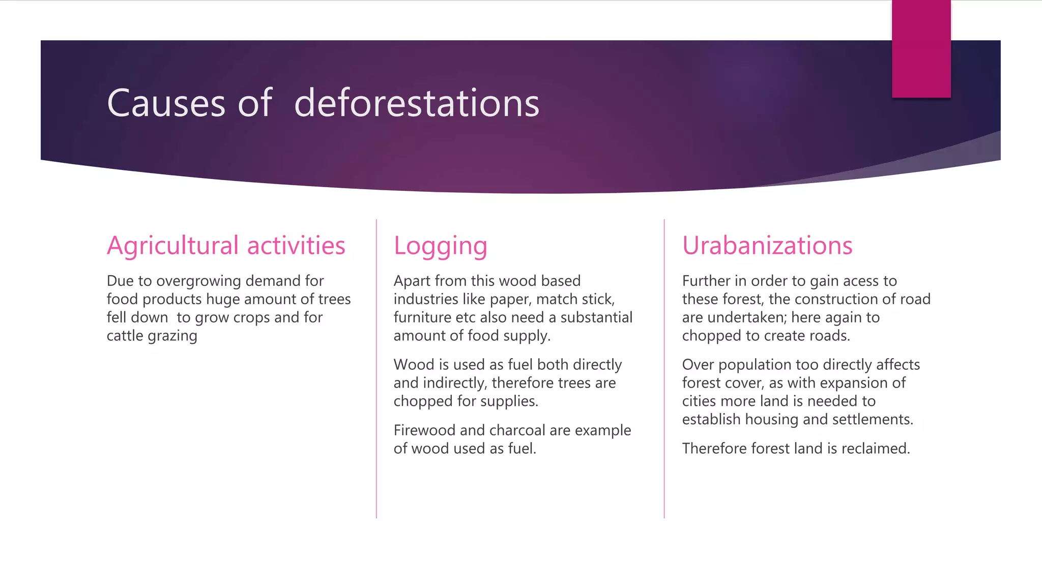 Causes of deforestations
Agricultural activities
Due to overgrowing demand for
food products huge amount of trees
fell down to grow crops and for
cattle grazing
Logging
Apart from this wood based
industries like paper, match stick,
furniture etc also need a substantial
amount of food supply.
Wood is used as fuel both directly
and indirectly, therefore trees are
chopped for supplies.
Firewood and charcoal are example
of wood used as fuel.
Urabanizations
Further in order to gain acess to
these forest, the construction of road
are undertaken; here again to
chopped to create roads.
Over population too directly affects
forest cover, as with expansion of
cities more land is needed to
establish housing and settlements.
Therefore forest land is reclaimed.
 