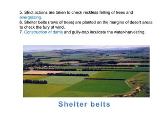 5. Strict actions are taken to check reckless felling of trees and
overgrazing.
6. Shelter belts (rows of trees) are planted on the margins of desert areas
to check the fury of wind.
7. Construction of dams and gully-trap inculcate the water-harvesting.
 