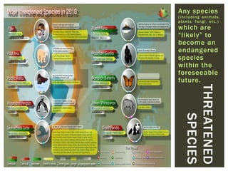 Any species
(including animals,
plants, fungi, etc.)
which are
“likely” to
become an
endangered
species
within the
foreseeable
future.
THREATENED
SPECIES
 