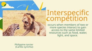 Interspecific
competition
occurs when members of two or
more species interact to gain
access to the same limited
resources such as food, water,
light, and space.
Philippine tarsier
(Carlito syrichta)
 