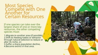 Most Species
Compete with One
Another for
Certain Resources
If one species can take over the
largest share of one or more key
resources, the other competing
species must:
1.Migrate to another area (if possible),
2.Shift its feeding habits or behavior
through natural selection to reduce or
alter its niche, or;
3.Suffer a sharp population decline,
4.Become extinct in that area.
 