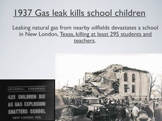 1937 Gas leak kills school children
Leaking natural gas from nearby oilfields devastates a school
in New London, Texas, killing at least 295 students and
teachers.
 
