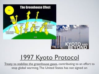 1997 Kyoto Protocol
Treaty to stabilize the greenhouse gases, contributing to an effort to
stop global warming.The United States has not signed on
 