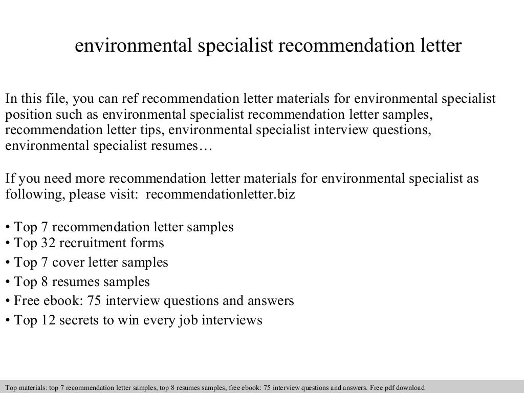 Environmental Specialist Recommendation Letter
