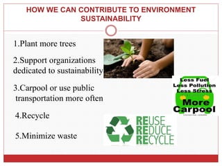 1.Plant more trees
3.Carpool or use public
transportation more often
2.Support organizations
dedicated to sustainability
5.Minimize waste
4.Recycle
HOW WE CAN CONTRIBUTE TO ENVIRONMENT
SUSTAINABILITY
 