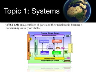 Topic 1: Systems
• SYSTEM: an assemblage of parts and their relationship forming a
  functioning entirety or whole.
 