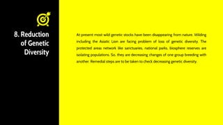 8. Reduction
of Genetic
Diversity
At present most wild genetic stocks have been disappearing from nature. Wilding
including the Asiatic Lion are facing problem of loss of genetic diversity. The
protected areas network like sanctuaries, national parks, biosphere reserves are
isolating populations. So, they are decreasing changes of one group breeding with
another. Remedial steps are to be taken to check decreasing genetic diversity.
 