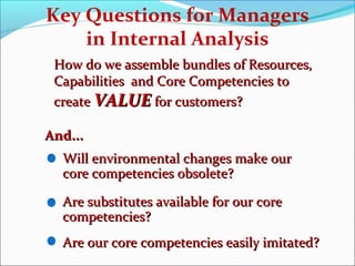 How do we assemble bundles of Resources,How do we assemble bundles of Resources,
Capabilities and Core Competencies toCapabilities and Core Competencies to
createcreate VALUEVALUE for customers?for customers?
Will environmental changes make ourWill environmental changes make our
core competencies obsolete?core competencies obsolete?
And...And...
Are substitutes available for our coreAre substitutes available for our core
competencies?competencies?
Are our core competencies easily imitated?Are our core competencies easily imitated?
Key Questions for Managers
in Internal Analysis
 
