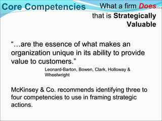 What a firm Does...
that is Strategically
Valuable
“…“…are the essence of what makes anare the essence of what makes an
organization unique in its ability to provideorganization unique in its ability to provide
value to customers.”value to customers.”
Leonard-Barton, Bowen, Clark, Holloway &Leonard-Barton, Bowen, Clark, Holloway &
WheelwrightWheelwright
McKinsey & Co. recommends identifying three toMcKinsey & Co. recommends identifying three to
four competencies to use in framing strategicfour competencies to use in framing strategic
actions.actions.
Core Competencies
 