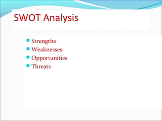 SWOT Analysis
Strengths
Weaknesses
Opportunities
Threats
 