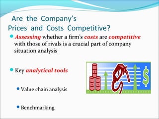 Assessing whether a firm’s costs are competitive
with those of rivals is a crucial part of company
situation analysis
Key analytical tools
Value chain analysis
Benchmarking
Are the Company’s
Prices and Costs Competitive?
 