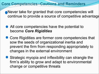 Core Competencies--Cautions and Reminders
Never take for granted that core competencies will
continue to provide a source of competitive advantage
All core competencies have the potential to
become Core Rigidities
Core Rigidities are former core competencies that
sow the seeds of organizational inertia and
prevent the firm from responding appropriately to
changes in the external environment
Strategic myopia and inflexibility can strangle the
firm’s ability to grow and adapt to environmental
change or competitive threats
 