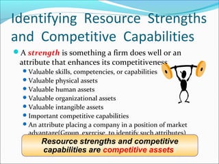 A strength is something a firm does well or an
attribute that enhances its competitiveness
Valuable skills, competencies, or capabilities
Valuable physical assets
Valuable human assets
Valuable organizational assets
Valuable intangible assets
Important competitive capabilities
An attribute placing a company in a position of market
advantage(Group exercise to identify such attributes)
Alliances or cooperative ventures with partnersResource strengths and competitive
capabilities are competitive assets!
Identifying Resource Strengths
and Competitive Capabilities
 